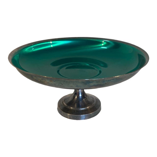 1970s Vintage Oneida Silver Plate & Green Enamel Compote For Sale