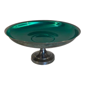 1970s Vintage Oneida Silver Plate & Green Enamel Compote