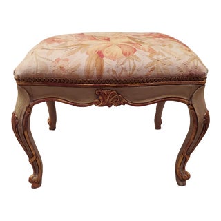 Mid 20th Century Victorian French Country Floral Brocade Bench or Stool With Carved Gilded Acanthus For Sale
