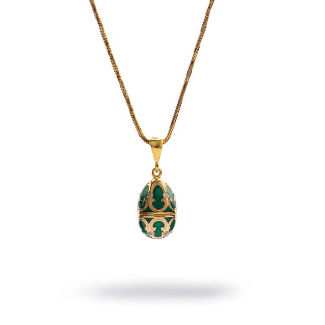 Lucky Clover Green Enamel Egg Gold Necklace For Sale - Image 11 of 11