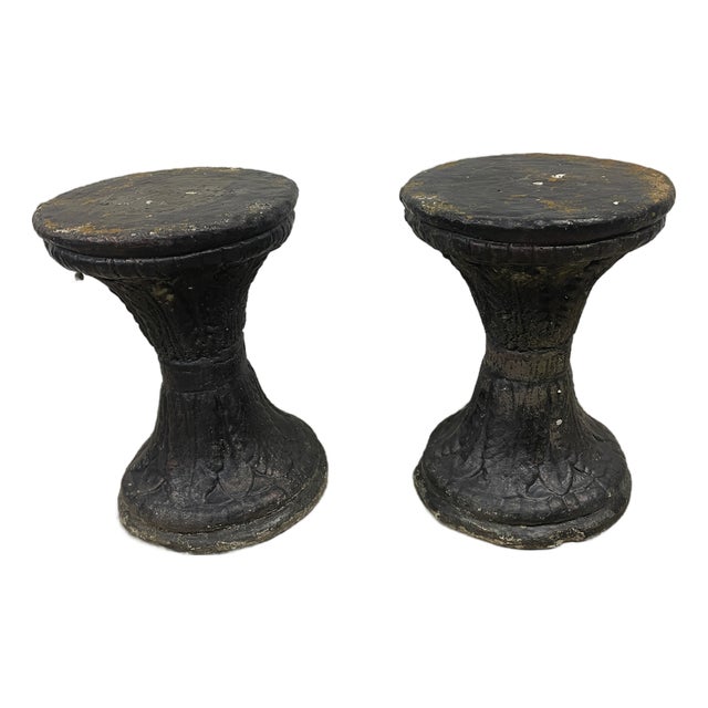 Pair of Vintage North Carolina Estate Blackened Cast Stone Garden Stools For Sale