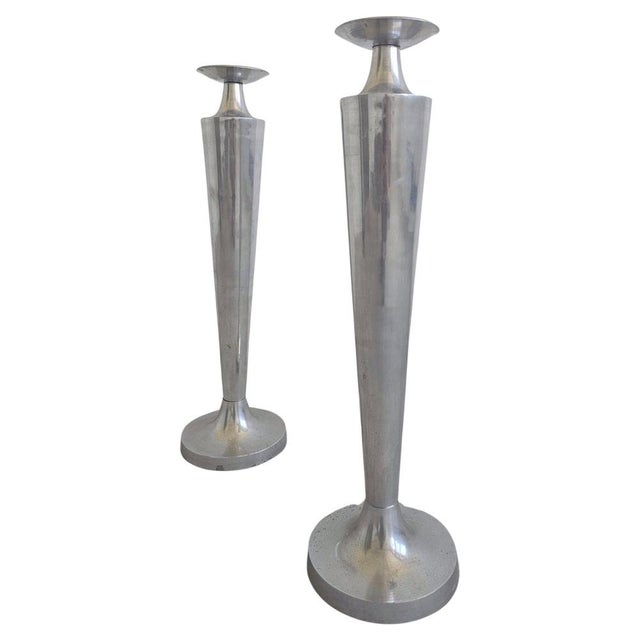 Metal Large Cast Aluminum Candlestick Holders, 1980s, Set of 2 For Sale - Image 7 of 7