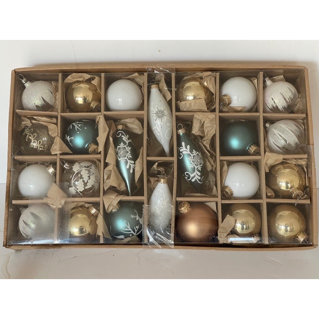 Vintage glass Christmas ornaments in drops and baubles shapes, painted with glitter., in box.