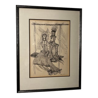 1970s Victorian Style Figurative Ink Drawing of Man and Lady on a Swing, Framed For Sale