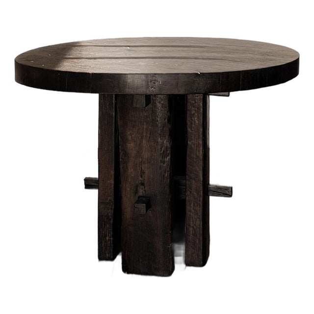 Vintage Brutalist Round Dining or Entry Table in Reclaimed Wood. For Sale
