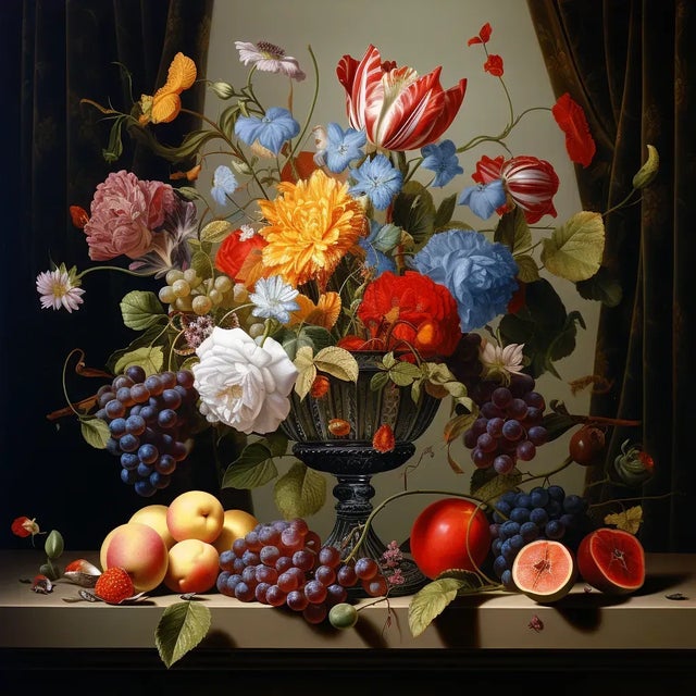 30' X 30' Collector Fine Art Print 'Still Life With Flowers and Fruits', Unframed For Sale