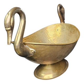 Oval Beaten Brass Dish with Swan Handles For Sale
