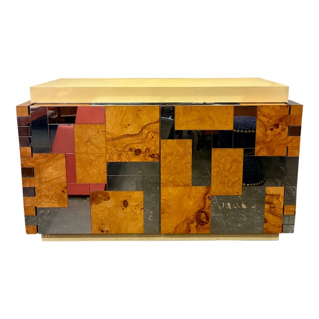 1970s Paul Evans Burl & Chrome Patchwork Cabinet, Attributed For Sale