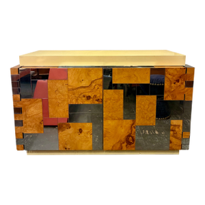 1970s Paul Evans Burl & Chrome Patchwork Cabinet, Attributed