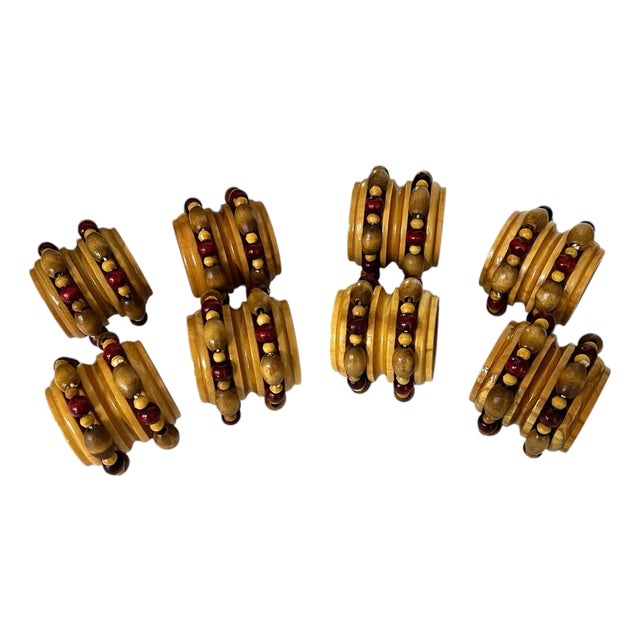 Vintage Handmade Wood W/ Beaded Edge Napkin Ring - Set of 8 For Sale