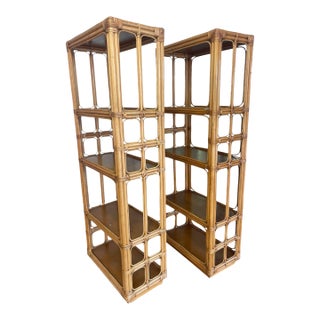 Vintage Pair of Tall Architectural Palm Beach Style Rattan Étagères For Sale