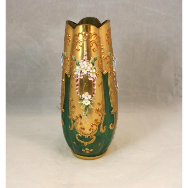 Antique Handcrafted Bohemian Art Glass Green Glass & Gold Gilt Vase With Enamel Flowers For Sale - Image 4 of 11