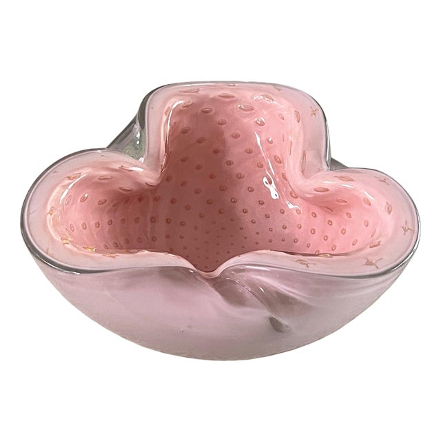 1970s Alfredo Barbini Murano Pink and Gold Bullicante Bowl Cased Glass For Sale