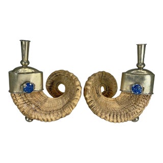 Mid 20th Century Pair of Ram Horns, Metal Lapis Lazuli Candlesticks For Sale