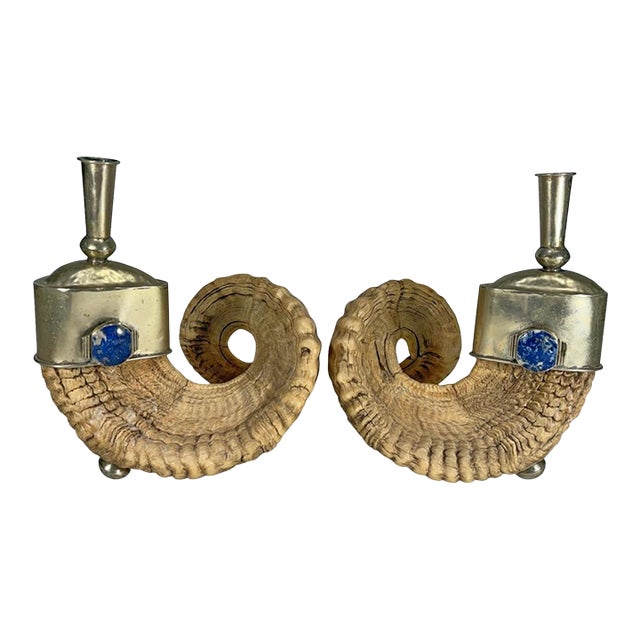 Mid 20th Century Pair of Ram Horns, Metal Lapis Lazuli Candlesticks For Sale