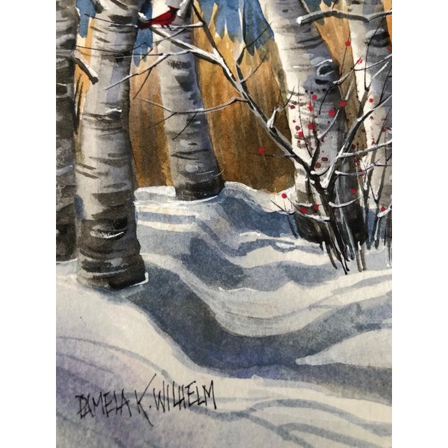 This Birch Trees Red Cardinal Original Watercolor Painting is a stunning piece of modern watercolor art by Pamela Wilhelm...
