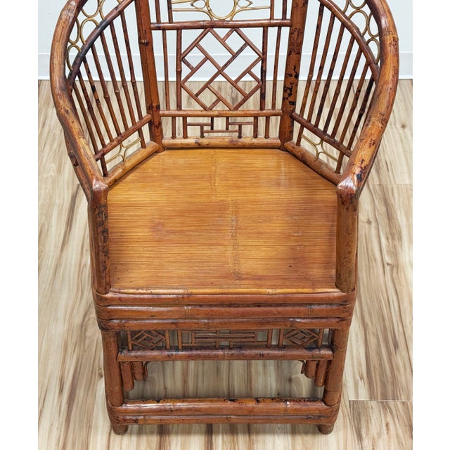 Brown Vintage Chinoiserie Brighton Pavilion Style Rattan Horseshoe Chair For Sale - Image 8 of 11