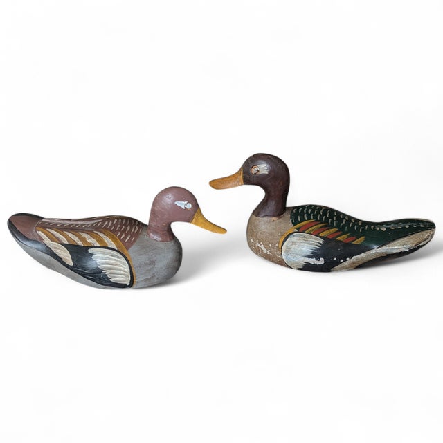 American Antique Handmade Wooden Duck Decoys Made in Spain - A Pair For Sale - Image 3 of 18