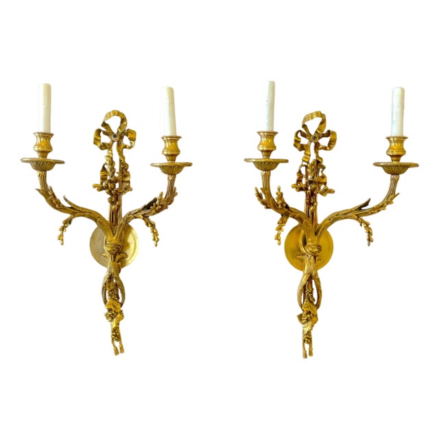 Louis XVI Style Ormolu Two‑Light Sconces, Attributed to P.E. Guerin For Sale