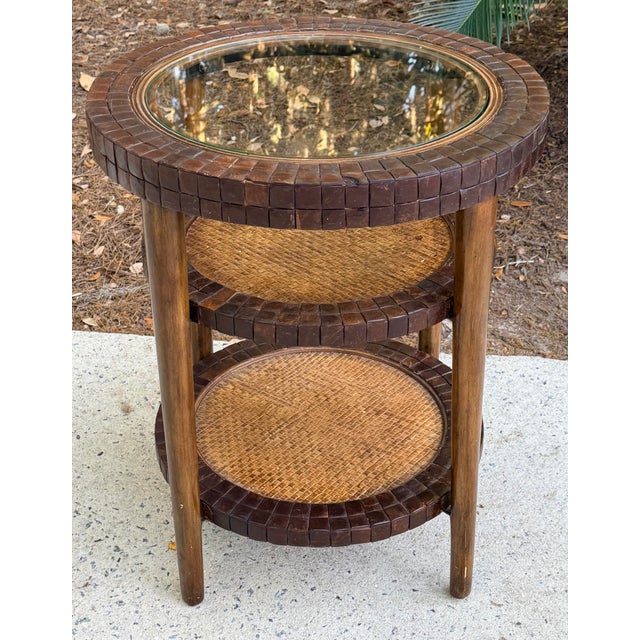 Rustic British Colonial Rattan Style 3 Tiered Round Side Table Attrib. To Maitland-Smith For Sale - Image 9 of 9