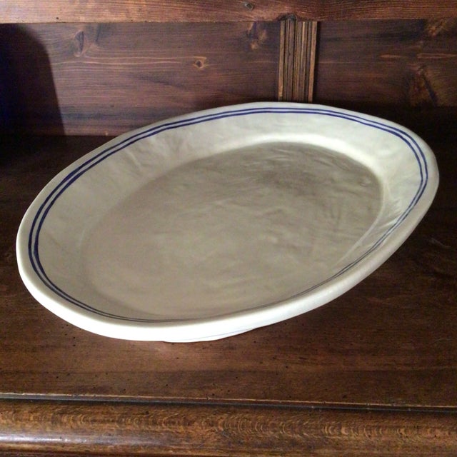 1990s Large Platter Agneta Livijn White With Double Blue Lines Around Rim For Sale - Image 5 of 13