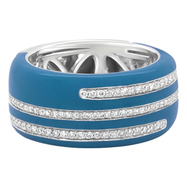 .925 Sterling Silver Turquoise Enamel 5/8 Cttw Round Diamond Wide Band Statement Ring (F-G Color, VS1-VS2 Clarity) - Size 7 For Sale