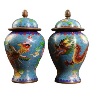 Pair of Vintage Chinese Cloisonné "Dragon & Phoenix" Ginger Jars - 2495g For Sale