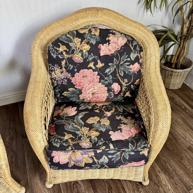 Coastal Pair Vintage Wicker Lounge Chairs W/ Floral Cushions For Sale - Image 3 of 12