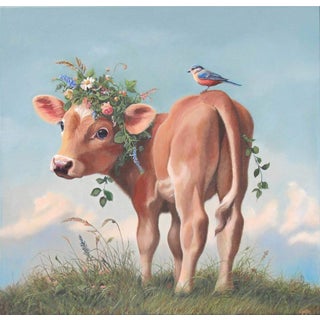 Ivy (Floriferous CowCalf) by Carrie Goller | Oil on canvas Cow with flowers and a bird on its back For Sale