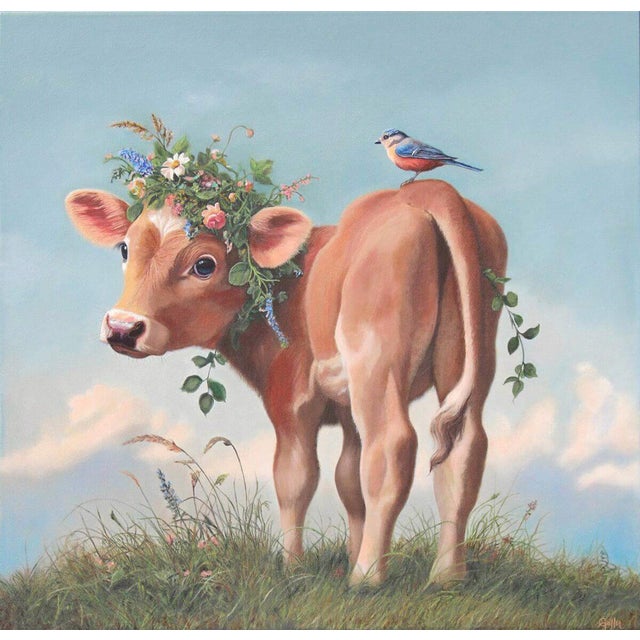 Ivy (Floriferous CowCalf) by Carrie Goller | Oil on canvas Cow with flowers and a bird on its back For Sale