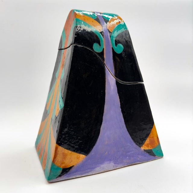 Post Modern Art Trinket Stash Box Hand Painted Ceramic With Lid Colorful Design 1988 Artist Signed Mj For Sale - Image 4 of 12