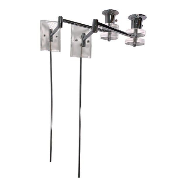 Pair of Large Modern Chrome & Lucite Adjustable Swing Arm Wall Sconces For Sale