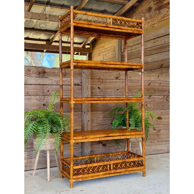 Vintage Boho Coastal Brighton Pavilion Style Scorched Bamboo Étagère by Goldenrod For Sale - Image 12 of 12