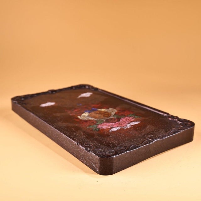 Traditional Late 20th Century Wooden Plaque With Mother-of-Pearl Auspicious Symbols Inlay For Sale - Image 3 of 9