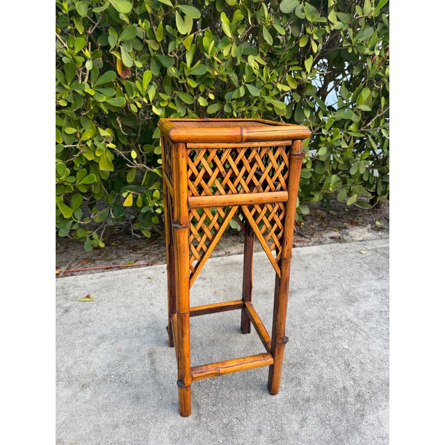 Tommy Bahama Vintage 34” Burnt Split Bamboo & Woven Rattan Pedestal Plant Stand For Sale - Image 4 of 8