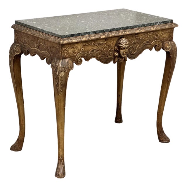 Italian Carved Giltwood Console Table + Marble Top, 19th Century For Sale