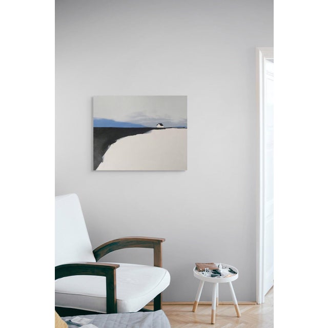 This artwork depicts a solitary house set against a stark, expansive landscape, characterized by a minimalist palette of...