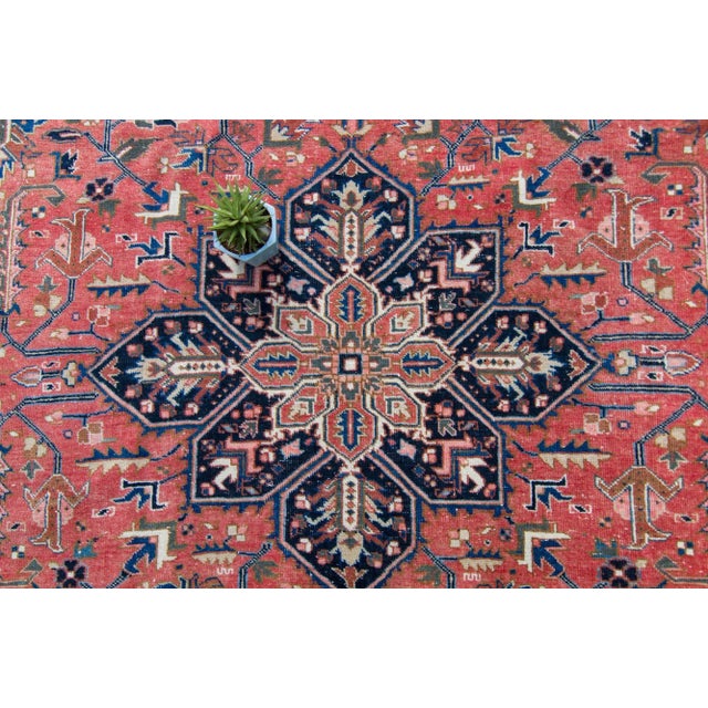 Tribal 1930s Vintage Medallion Design Ink Blue Scarlet Red Low Pile Wool Hand-Knotted Rug - 7’5” X 10’7” For Sale - Image 3 of 10