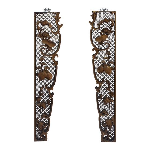 Chinese Golden Relief Lotus Flower Carving Couplet Wood Wall Panels - a Pair For Sale