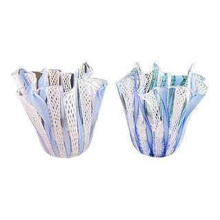 Mid 20th Century Italian Murano Zanfirico Blue and White Latticino Art Glass Handkerchief Bowls – a Pair For Sale