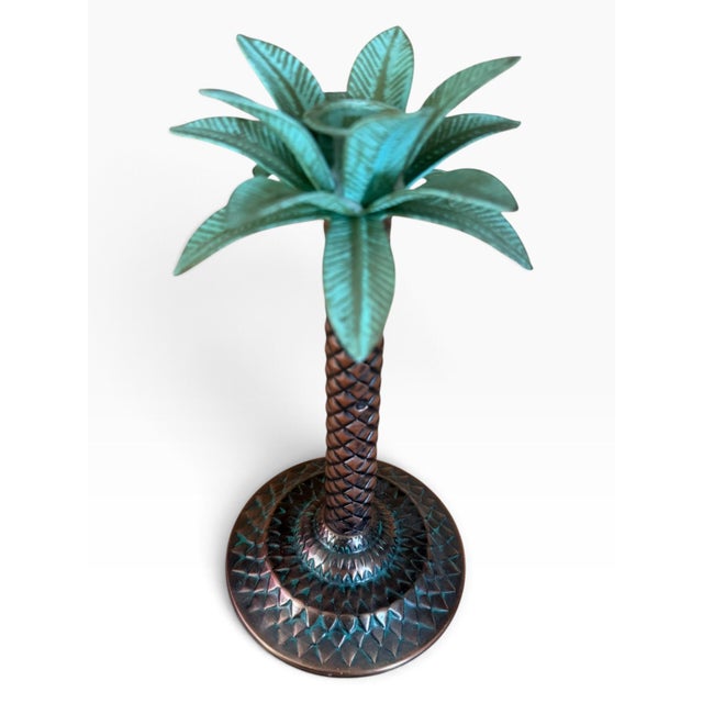 Vintage Palm Tree Candle Holder | Sculptural Copper-Tone Metal & Turquoise Patina | Hollywood Regency For Sale - Image 4 of 4