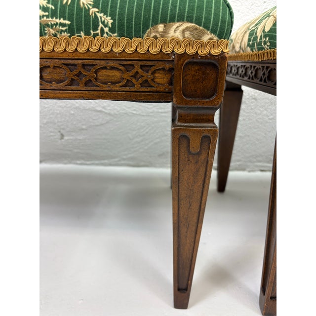 Green Classic Chippendale Style Benches With Schumacher Dog Toile Upholstery For Sale - Image 8 of 10