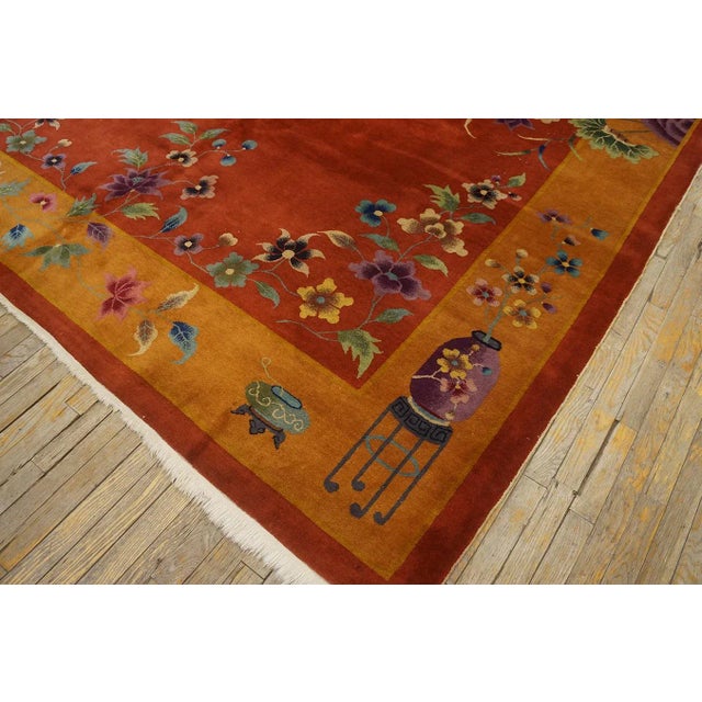 1920s Orange Pumpkin Floral Antique Chinese Art Deco Carpet 9' X 11' 6" Knotted Wool Rug For Sale - Image 12 of 12