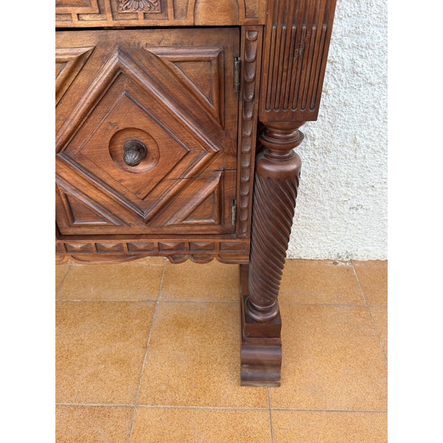 Early 20th Century Rare Spanish Carved Walnut Sideboard With Geometric Panels and Spiral Columns For Sale - Image 14 of 15
