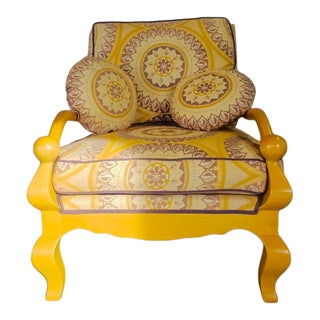 Vintage Embroidered Ikat Armchair With Pillows For Sale