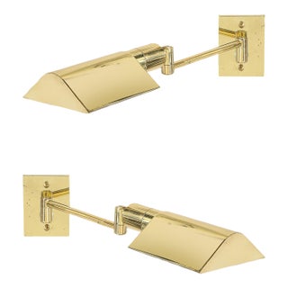 Pair of Mid-Century Modernist Swing Arm Articulating Sconces in Polished Brass For Sale