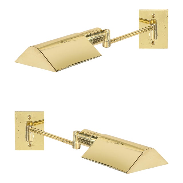 Pair of Mid-Century Modernist Swing Arm Articulating Sconces in Polished Brass For Sale
