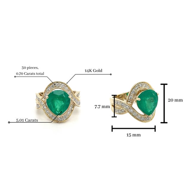 Early 20th Century Vintage 5 Carat Pear Cut Emerald Crossover Double Split Shank 14K Gold Ring, Size 7.5 For Sale - Image 5 of 7