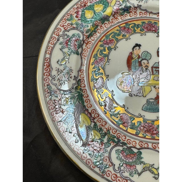 Metal Set of 2 Chinese Famille Rose Porcelain Plates 10" Hand Painted Geisha VTG Gold For Sale - Image 7 of 12
