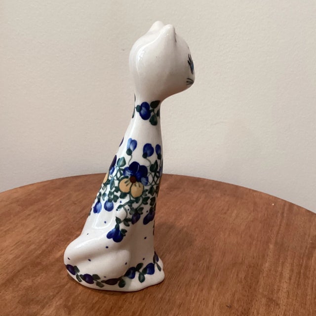 Art Nouveau Early 21st Century Long Neck Hand Painted Floral Ceramic Cat Figurine Artist Signet For Sale - Image 3 of 8